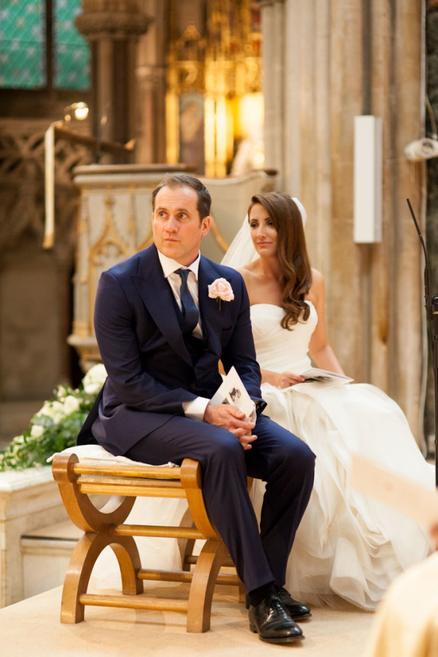 wedding ceremony of a london couple in mayfair, bride wearing a vera wang wedding dress