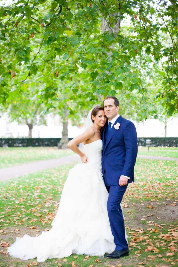 wedding portraits of a chic and elegant couple in mayfair london wearing a vera wang gown
